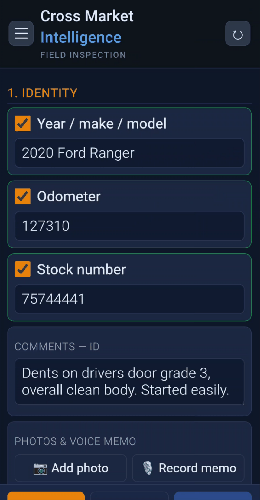 The field inspection form on the phone, with fields filled in, comments typed, and buttons to add a photo or record a memo.