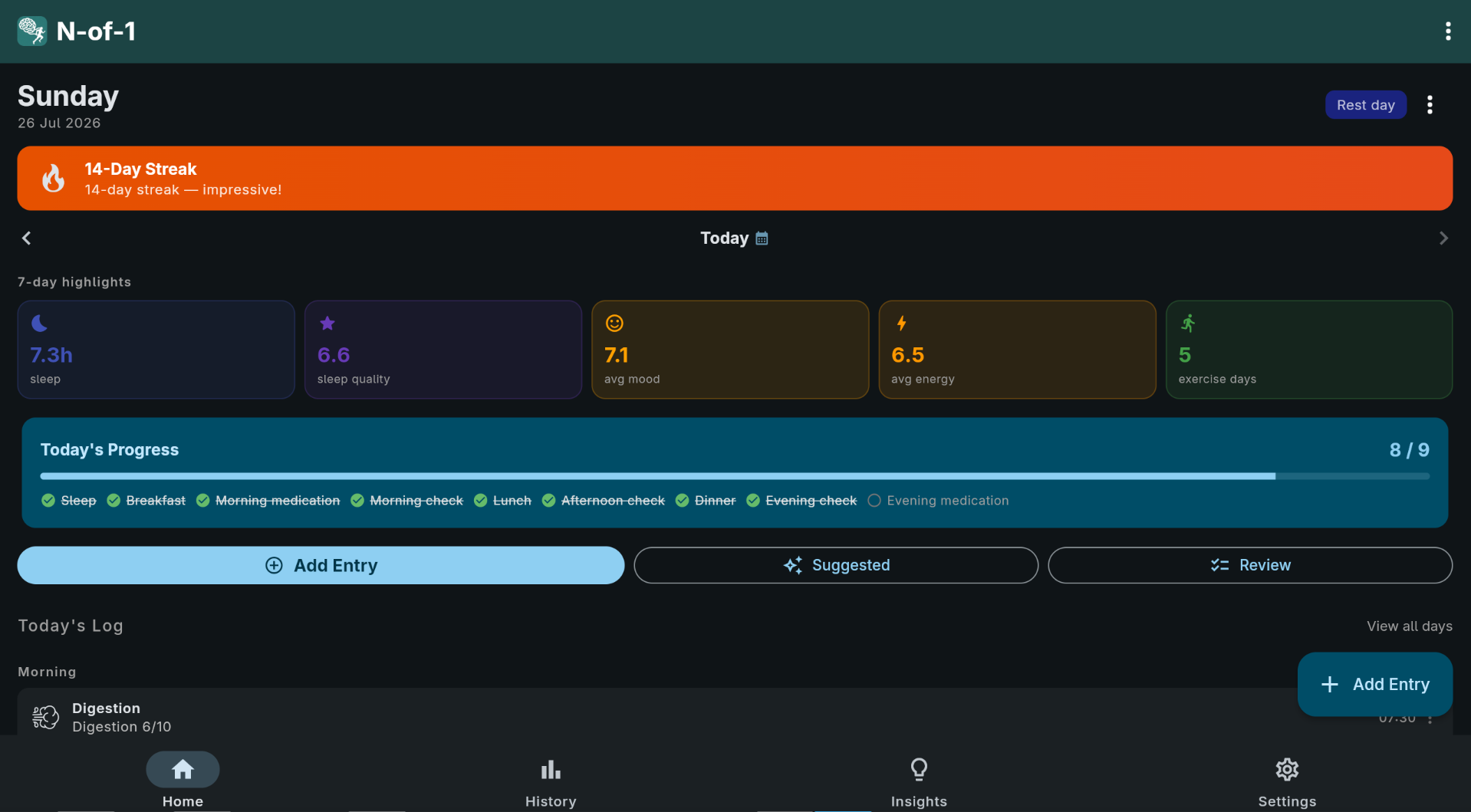 Home dashboard with logging streak, seven-day highlights and today's progress checklist